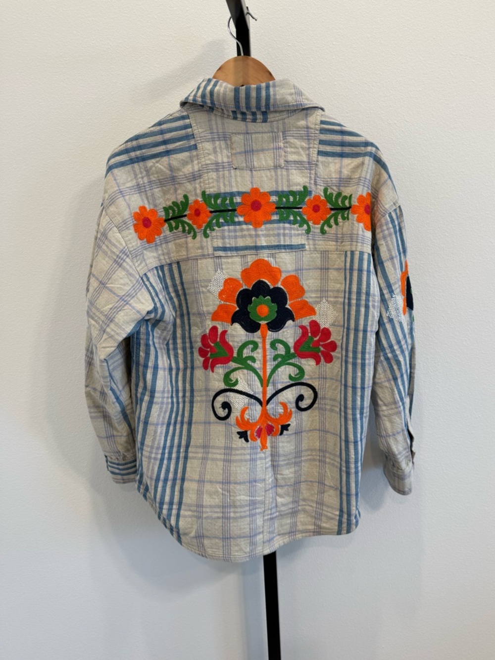 NWT Free People Sashiko Embroidered Blue Plaid Button-Down Shirt Small Boho - Picture 5 of 10